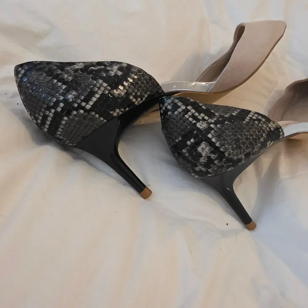 Zara Basic Heels Women’s 40 Snakeskin Pointed Toe D’Orsay Pumps Nude Black